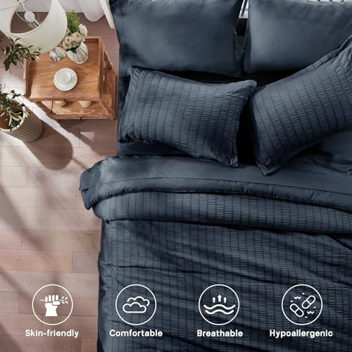 Image of Zzlpp King Comforter Set 7 Pieces, Navy Blue Seersucker Bed in a Bag with Comforter, 2 Pillow Shams, 2 Pillowcases, 1 Flat Sheet, 1 Fitted Sheet