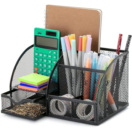 Dinhauyon Desk Supplies Organisers, Mesh Desk Organiser with 6 Compartments and 1 Sliding Drawer