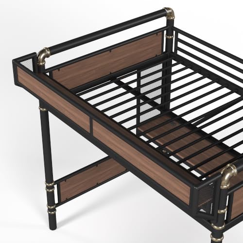 Image of Bellemave Full loft Bed with Storage Stairs, Wardrobe, Shelves, Metal Full Loft Bed Frame for Adults, Kids, Teens, Black+Natural Wood with Black Stairs