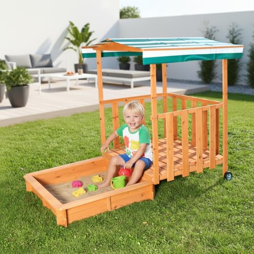 Mucola Sandkasten rollbar Sandbox mit Abdeckung und Sonnenschutz aus Holz für Kinder, 182 x 100 x 140, mit Veranda und Geländer - Grün