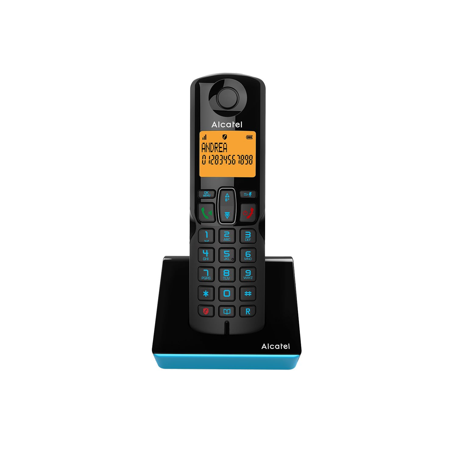 ALCATEL S280 - Telefono Fisso Cordless DECT - Design Compatto - Grande Display Retroilluminato - Vivavoce - Funzione Blocco Chiamate - Rubrica da 50 Contatti - Nero/Blu