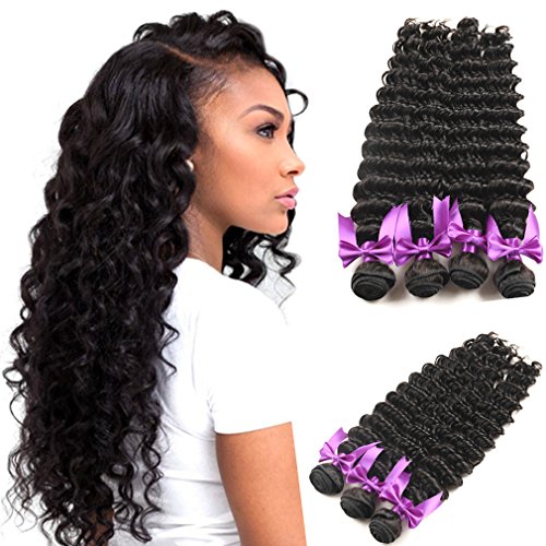OYM Hair 10A Grade Brazilian Virgin Deep Wave Hair 4Bundles 100% Unprocessed Brazilian Deep Hair Weave Extensions Natural Color Mixed Length24 26 28 28inch