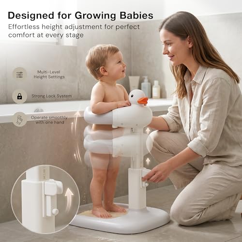 Image of BAYBEE Shower Bath Stand for Baby for 0 - 3 Years for Kids | Duck Design Baby Standing Bath Stand with Adjustable Height & Width | Portable Kids Bathstand with Shower Holder & Anti-Slip Base (Grey)