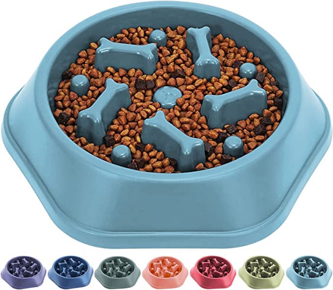 Woofy Slow Feeding Pet Bowl, No Choking Round Feeder Bowl with Bone Pattern Interactive Treat Bowl for Dogs (Light Blue)