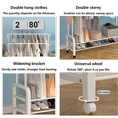 Portant à vêtements à roulettes blanc 150 cm avec double étagère chaussures - 5