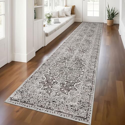 KUTA Vintage Washable Runner Rug 2.6x12, Non-Slip Hallway Kitchen Rugs Tan Grey with Rubber Backing, Ultra Soft Printed Distressed Modern Medallion Extra Long 12ft Runners Indoor for Bedroom