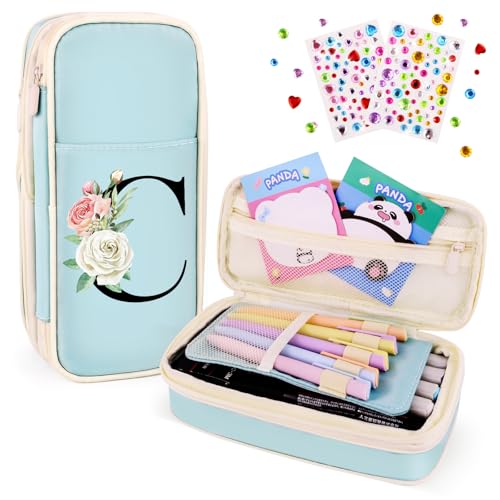 Image of Preppy Pencil Case for Girls, Cute Large Pencil Pouch, Personalized Initial Pencil Bag with Zipper for School College Office Supplies, Back to School Supplies Gifts for Teen Girls (C, Blue)