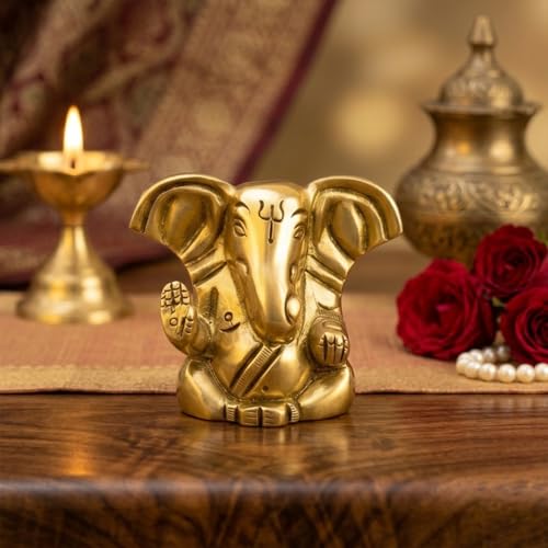 Image of Ekhasa 100% Pure Brass Ganesha Idol (Size: 4 cm) | Pital Ganesh Murti for Pooja Room, Home Decor, Office Desk and Car Dashboard | Vinayagar Statue for Diwali Puja