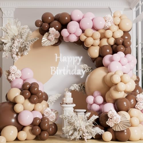 Image of AULE Brown Balloon Arch Kit 155Pcs Light Pink Beige Balloons | Coffee Brown Balloons Garland for Birthday Graduation Neutral Woodland Anniversary Teddy Bear Shower Theme Party Decoration