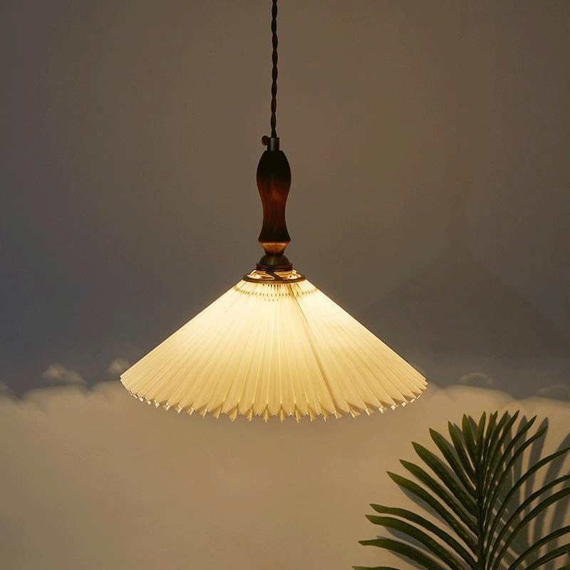 Lampe suspendue vintage en noyer et tissu blanc 30cm pour salon