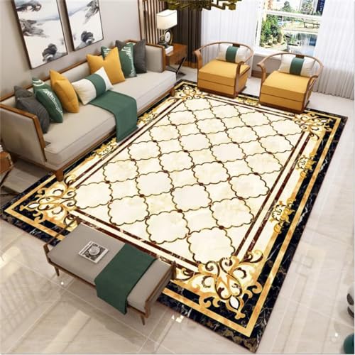 Tapis de salon pas cher 200x250cm jaune lavable à motif imprimé rétro chic