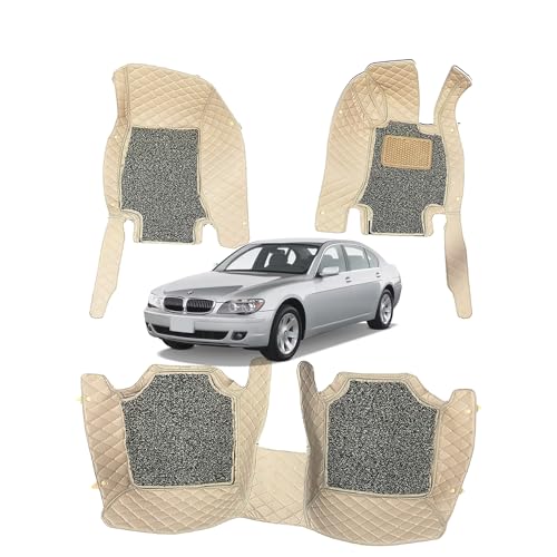 Image of CAPEDELL Premium 7D Car Floor Mats Compatible for BMW 5 Series(2008)||Luxury Leather Double Layered Mat||Set of 3Pcs||Waterproof and Washable||Color :-Beige with Golden(Beige Brown Grass)