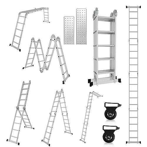 Gimisgu Escalera multiusos de 5,8 m, 4 x 5 peldaños, de aluminio, con 2 plataformas y 2 ruedas, 7 en 1, 20 peldaños, capacidad de carga máxima de 150 kg