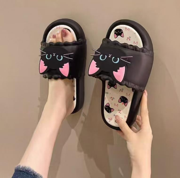 Cute Black Cat Summer Slides, Indoor Outdoor Slippers with Cat Face Design, Black and Pink2