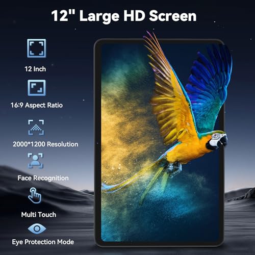 Android 15 Tablet with Octa-Core Processor, 12 Inch Tablets 18GB RAM (6+12GB), 256GB ROM+1TB Expand, 2000 * 1200 IPS Touch Screen, 8000mAh Battery 18W Fast Charge, 2.4/5Ghz Dual Band WiFi - Black - Image 5