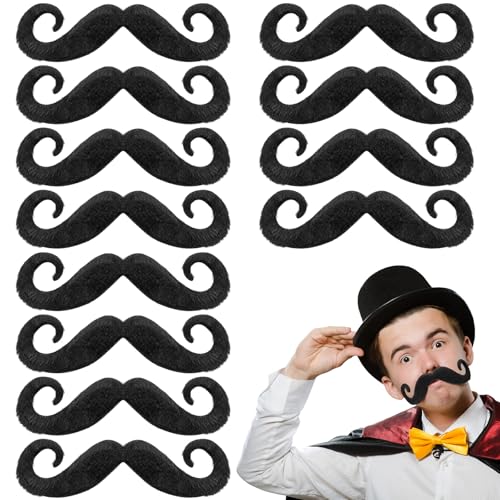 Knitgrip 12 Pcs Fake Mustaches Handlebar Self Adhesive Stick on Mustache Novelty False Facial Hair for Men Steampunk Halloween Christmas Party Supplies Costume(Black)