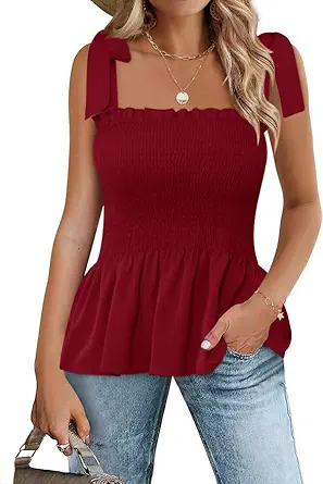 Micoson Ruffle Tank Tops for Women Summer Square Neck Sleeveless Tops Tie Shoulder Chiffon Blouse Babydoll Shirts