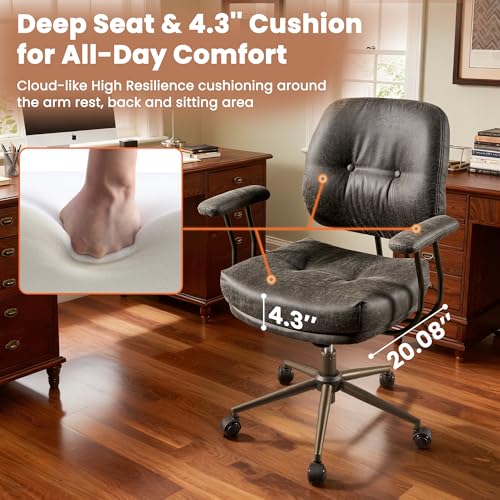Image of Leather Home Office Chair, Mid Back Ergonomic Desk Chair with Lumbar Support, Mid Century Modern Deep Seat Swivel Rocking Computer Chair, Dark Gray