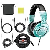 Audio Technica ATH-M50X Professional Studio Monitor Headphones Ice Blue Bundle w/Pig hog 25’ Extension Cable & Liquid Polishing Cloth with Detachable Cable