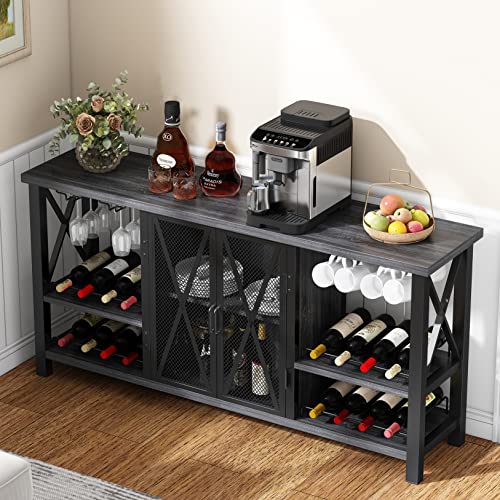 HOMYSHOPY-Wine-Bar-Cabinet-with-Glass-Holder-Liquor-Cabinet-with-Detachable-Wine-Rack-Buffet-Sideboard-Wine-Rack-Table-with-Mesh-Door-for-Living-Room-Kitchen-and-Dining-Room-Grey