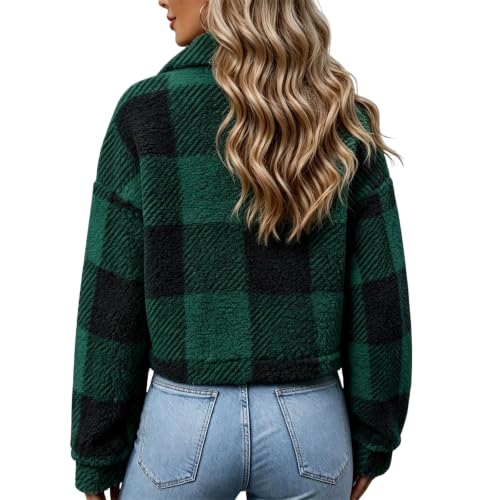FPMLUXLL Womens Winter Coat Cropped Plaid Lapel Collar Fuzzy Sherpa Jacket - image 5