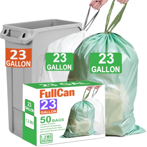 Image of 23 Gallon White Drawstring Heavy Duty 1.2 MIL THICK Trash Bags 50 Count Compatible with Rubbermaid Brute & Winco 23-33 Gallon Slim Jim Trash Bags Sturdy & Tear-Resistant White & Green