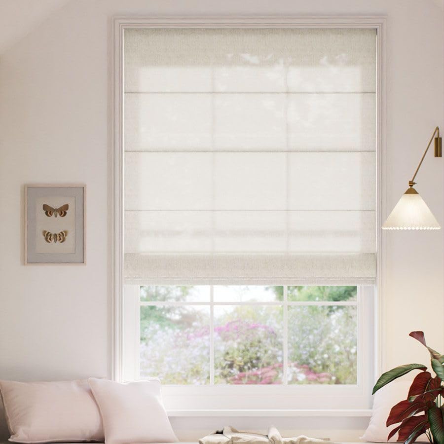 SelectBlinds Classic Roman Shades - No-Drill or Drill Mount - Any Size 24-90” W x 36-106” H, 6 Color Choices, Inside or Outside Mount, Cordless Lift or Continuous Cord Loop (White Linen)