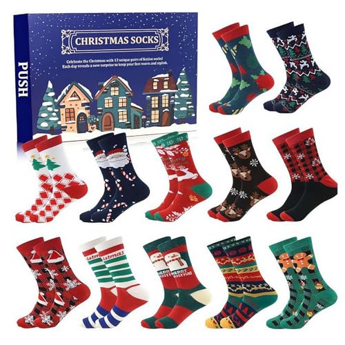 Socks Advent Calendar 2024, Funny Advent Calendar 2024 with 12/24 Pairs Socks, 24 Days Christmas Countdown Calendar, Warm Soft Cotton Christmas Socks for Women Men Adults (Blue 12 Pairs)