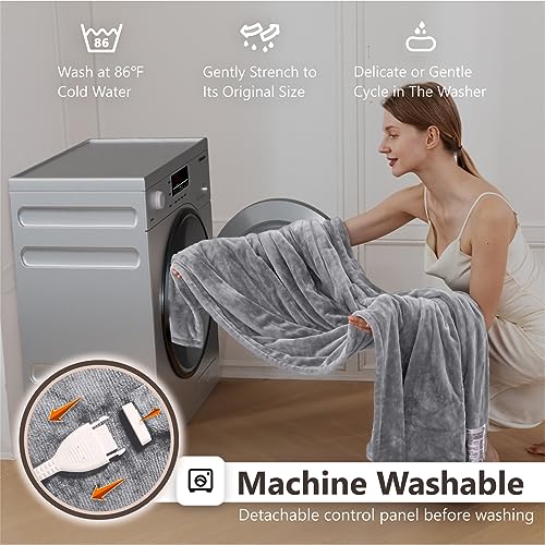 Image of Wapaneus Heated Blanket Electric Throw 72 inch x 84 inch Full Size with 10 Heating Levels 12 Hours Time Setings and Auto-Shut Off, Flannel Fast-Heating Electric Blanket,Machine Washable,Light Grey