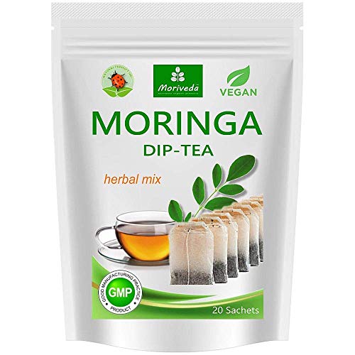 Té de Moringa 100% natural y vegano (opcionalmente Moringa-mezcla de hojas, manzana-canela, granada, jengibre, menta). 1A calidad (20 bolsitas de té Moringa-mezcla de hojas)