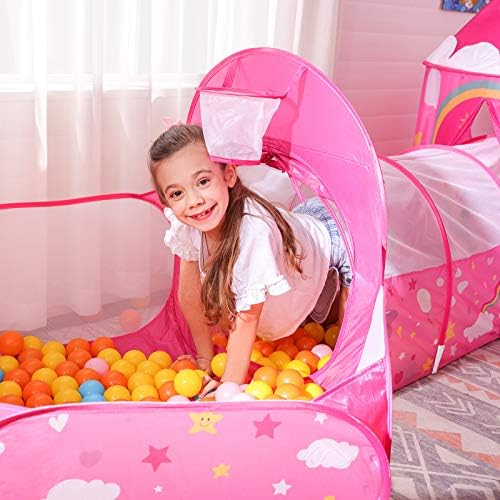 SONGMICS 3-in-1 Unicorns Kids Play Tent, Tunnel, Ball Pit Playground, Children's Pop-Up Rocket Tent, Indoor or Outdoor Use, Unicorn Princess Theme, Gift Idea, Birthday Party, Pink LPT701P01