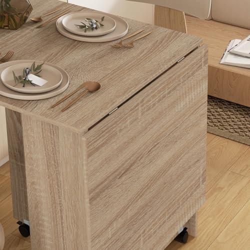 HOMCOM Mesa Plegable de Comedor Mesa de Cocina Plegable con Ruedas Alas Abatibles y Estantes para 4-6 Personas 75x140x74 cm Natural - imagen 9