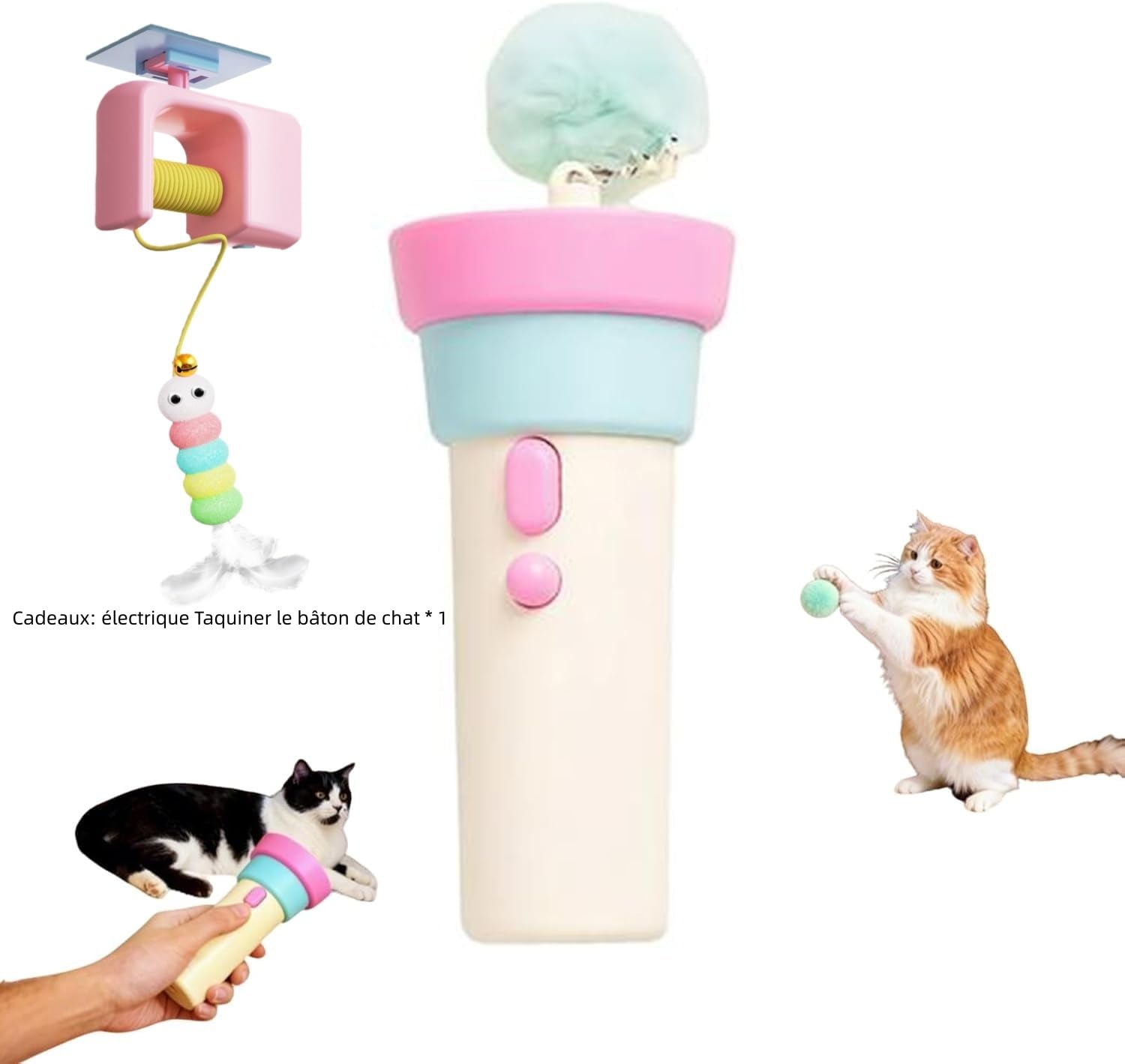 Générique Jouet Chat, Canne A Peche pour Chat avec Corde Telescopique, Jouet Interactif Electrique Lanceur De Balles pour Chats (A)