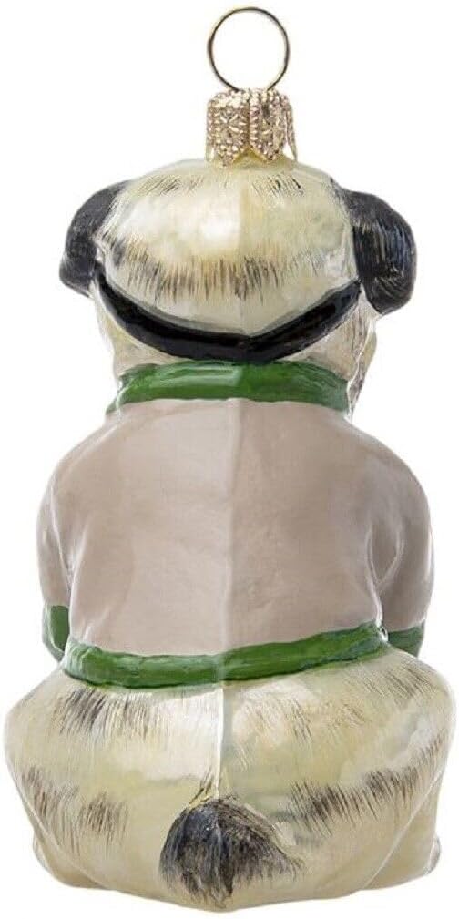 Joy To The World Bah Hum Pug Fawn Dog Polish Glass Christmas Tree Ornament