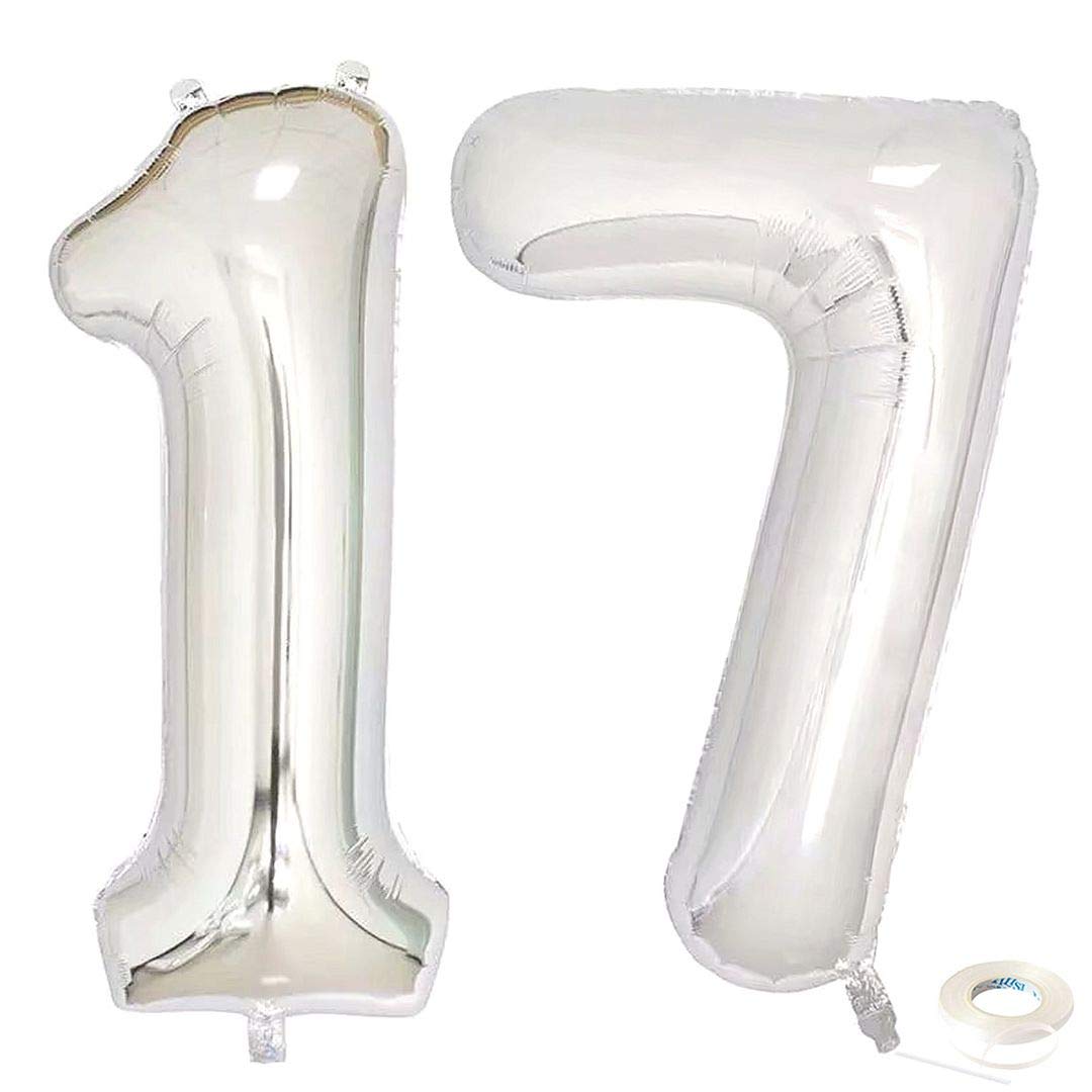 40 Inch Giant 17 Number Balloons for 17th Birthday Party Decorations,Jumbo Foil Helium Balloons for Sweet 17 Party,17th Anniversary Party Events (Silver 17)