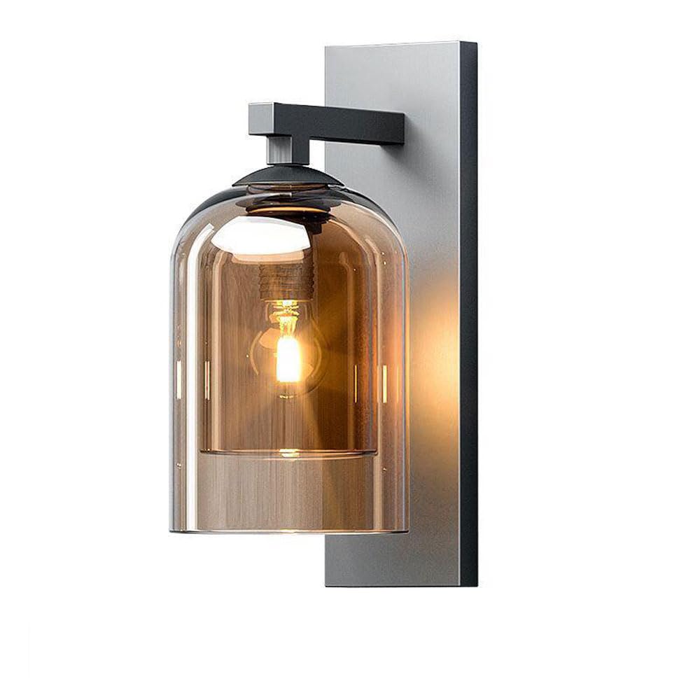 TCHAUSGZUS Modern Metal Wall Sconce with Brushed Nickel Base and 2-Layer Clear Glass Shade, E27 Hardwired Amber/Smoky Gray Bathroom Vanity Light for Bedroom(Color:Amber Shade)