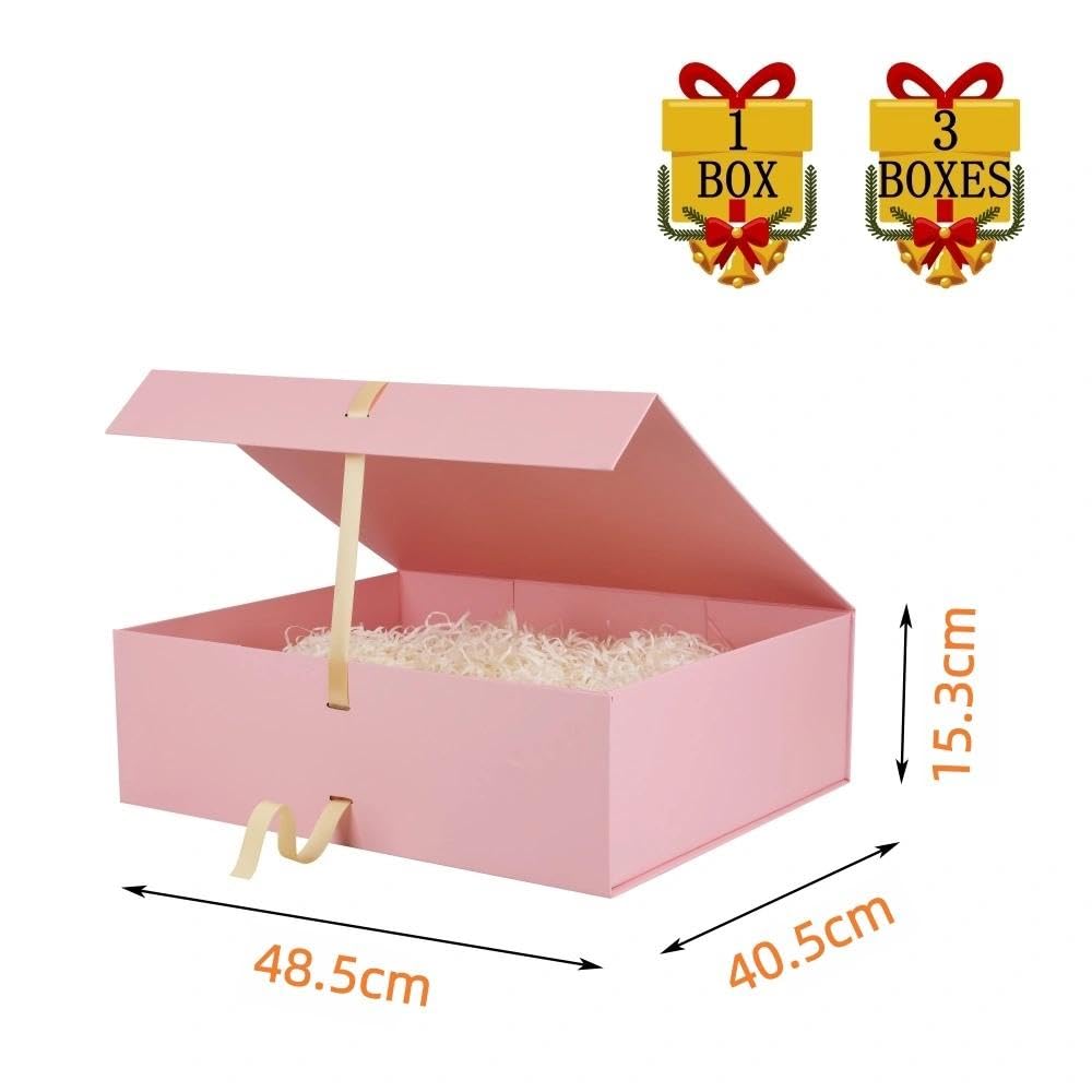 Rosa Geschenkbox groß 48.5 x 40.5 x 15.3 cm Geschenkbox mit Deckel 3 Stück | Magnetische extra groß, Inkl. Schleife, Inkl. Raffia & Grußkarte, Ideal für Hochzeitskleid & Anzug