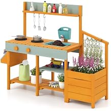 HONEY JOY Mud Kitchen, Cedar Wood Pretend Play Kitchen for Toddlers, Plant Growing Box & Trellis, Real Faucet w/Running Water, Sink, Accessories, Outdoor Kids Kitchen Playset for Garden FunYellow