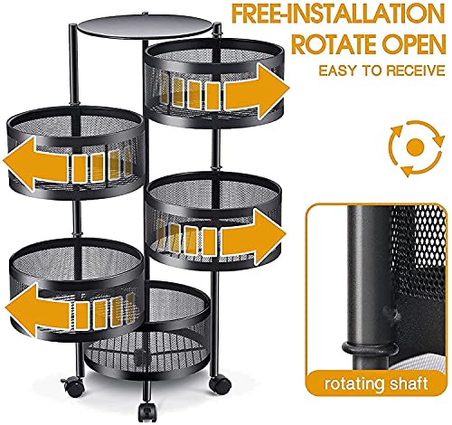 Image of HomeWiz 5-Layer Round Kitchen Trolley | Movable Storage Organizer for Fruits & Vegetables | Perforated Mesh Baskets with Solid Flat Top | Multipurpose Rack for Onion & Potato | Rust-Resistant | Black