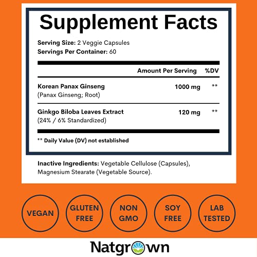 Panax Ginseng + Ginkgo Biloba Complex Capsules - With Korean Red Ginseng Root & Ginkgo Biloba Extract Supplement For Men & Women - Traditionally To Boost Energy & Support Brain Function- Vegan Pills #TOP6