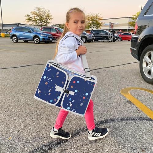 Image of MENZOKE Car Seat Tray for Kids, Essential for Car Travel & Airplane Trips | Toddler Gift with Educational Drawing Board, Tablet Holder, Cooler Cup Holder & Storage Pocket, Space Pattern, Dark Blue
