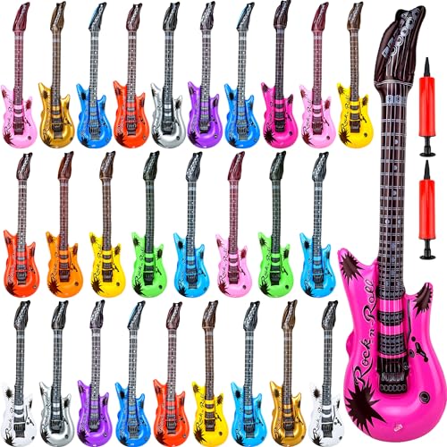 30 Pack Blow up Guitar Inflatable Guitar Bulk Inflatable Fake Party Guitar Prop Inflatable Rock Star Guitars for 80s 90s Themed Carnival Birthday Party Favor