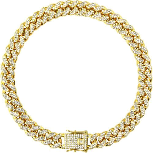 Image of Dog Chain Collars with Bling,Sparkly Diamond Metalgold Cuban Link Dog Collars, Rhinestone Glitter Dog Necklace Collar for Small Medium Large Pet Dogs Cats,20 Inch