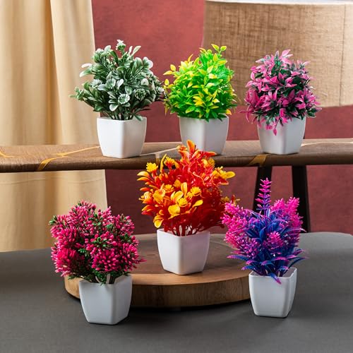 Image of JH Gallery Artificial Flowers, Small Indoor Potted Houseplants for Home Decor, Decoration Items for Living Room, Office and Bedroom, Artificial Plants with Pot (Pack of 6)