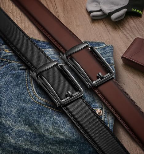 Image of BULLIANT Men Ratchet Belt 2 Pack, Click Sliding Leather Belt Adjustable for Gift Men Dress Casual Jeans 1 3 /8,Cut for Fit