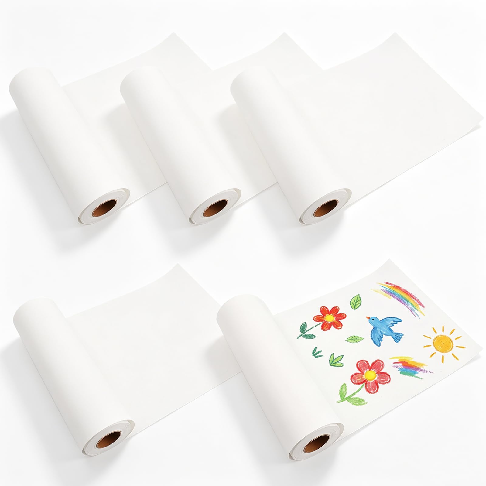 5 Rolls White Drawing Paper Roll, 44cm x 3m Smooth Painting Paper for Kids