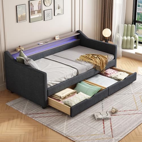 FAVSH Upholstered Daybed with 2 Storage Drawers, Twin Size Sofa Bed w/ 2-Tier Shelf & USB+Type-C...
