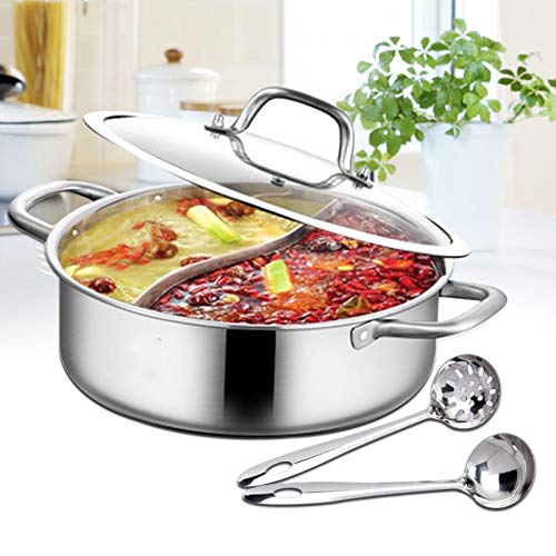 YMTDZ Geteilte Hot Pot Pfanne, Edelstahl 304 in Lebensmittelqualität mit Trenndeckel für Induktionskochfelder, Doppelseitiges Suppenkochgeschirr mit 2 Suppenkellen (28cm) Cover