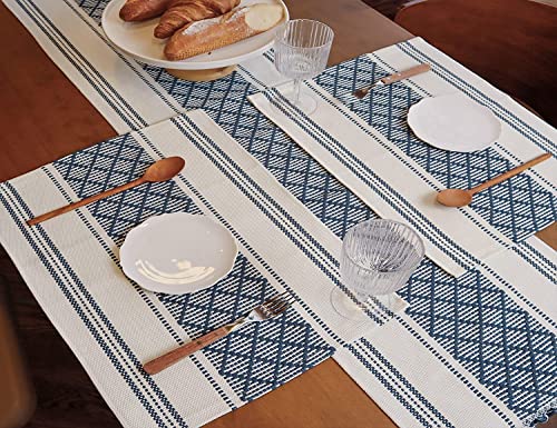 Image of ALSTONIA Cotton Table Runner -Pack of 5 The Style of Our Table Linen and Dining Rooms and Eating Areas (Blue, 1 PCS Runner 4 PCS PLACMENT)