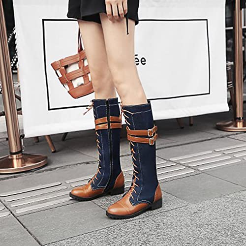 FOWT Fashion Bi-material Patchwork Synthetic Women Knee-high Riding Boots Stylish Round Toe Side Zipper Adjustable Buckle Long Boots Chic Chunky Heel Elegant Dress Casual Shoes, Brown US Size 4-13 M2